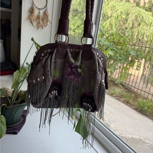 Embroidered Fringe Handbag - Purple and Brown